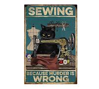 Divertido letrero de metal para decoración de pared, diseño de gato negro - Kitty Sewing Because Murder is Wrong - Cartel decorativo vintage de gato negro de 8 x 12 pulgadas