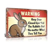 Divertido letrero de metal sarcástico para baño, con texto en inglés "Keep Door Closed! Don'T Let The Rabbits Out No Matter What They Tell You". Letrero de estaño divertido para exteriores y