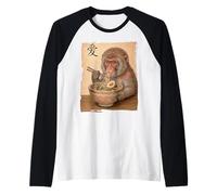 Divertido Macaco Japonés Comiendo Ramen Mono Kawaii Japonés Camiseta Manga Raglan