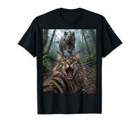 Divertido Maine Coon Cat T-Rex Dinosaur Chase Selfie Camiseta