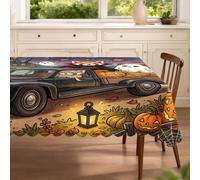 Divertido mantel rectangular de panda rojo de Halloween de 60 x 80 pulgadas, patrón de camión de casa embrujada, lavable, decoraciones de fiesta aterradoras para cocina, banquete, picnic, camping