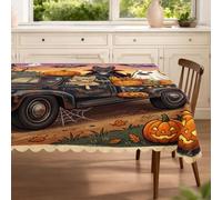 Divertido mantel rectangular de perro terrier escocés de Halloween de 60 x 100 pulgadas, patrón de camión de casa encantada, lavable, decoraciones de fiesta aterradoras para cocina, banquete, picnic