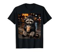 Divertido Mapache Bebiendo té de Leche de Burbujas Lindo Animal Boba té Camiseta gráfica económica, Hombre, Negro, M