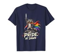Divertido Mapache Rainbow Cape Warrior del Que Nos enorgullecemos al Amanecer Camiseta