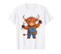 Divertido mecánico de automóviles Highland Cow Camiseta gráfica económica, Hombre, Blanco, S