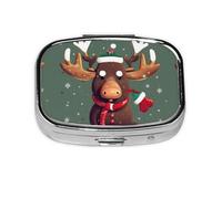 Divertido organizador de píldoras con diseño de cabeza de alce navideño, pastillero de viaje, mini pastillero cuadrado, pastillero de 2 compartimentos