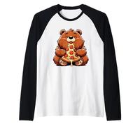 Divertido oso comiendo pizza gráfico niños niñas mujeres niños Camiseta Manga Raglan