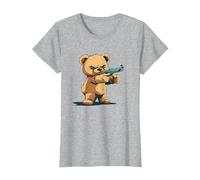 Divertido Oso de Peluche con Pistola para los Amantes de Las Armas Camiseta, Mujer, Gris Jaspeado, M