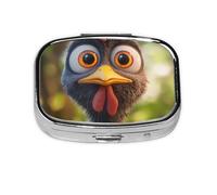 Divertido pastillero cuadrado de gallo mini organizador de medicamentos de viaje de metal, 2 compartimentos, bolsillo portátil, pequeño estuche de almacenamiento