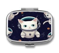 Divertido pastillero de astronauta para gatos, organizador de píldoras de medicina, pequeño pastillero de viaje, pastillero portátil para bolsillo, 2 compartimentos, pastilleros para viajes