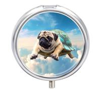 Divertido pastillero redondo con diseño de perro carlino tortuga en el pastillero portátil, organizador de vitaminas para bolsillo