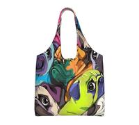 Divertido perro pug de dibujos animados,Bolsas de mano reutilizables, bolsas de supermercado, bolso de hombro de lona de gran capacidad