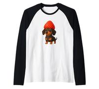 Divertido perro salchicha con sombrero de fresa Camiseta Manga Raglan