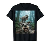 Divertido Perro Schnauzer en Miniatura T-Rex Dinosaur Chase Selfie Camiseta