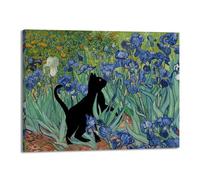 Divertido póster de gato negro de Van Gogh Matisse Monet Klimt, pintura de la gran ola, lienzo impreso, arte de pared retro, estética, decoración del hogar (SKU17, 30 x 40 cm), enmarcado (lienzo