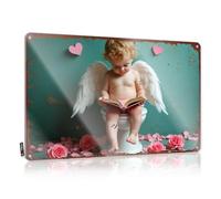 Divertido póster de metal con texto en inglés "Angelic Little Reader: A Whimsical Scene with Wings And Roses" - Letrero de estaño para puerta de dormitorio (20 x 30 cm)
