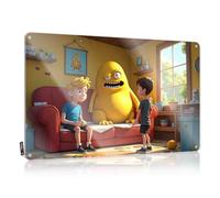 Divertido póster de metal con texto en inglés "Two Boys And A Strange Yellow Monster In A Cozy Living Room", letrero de estaño para puerta de dormitorio (30 x 40 cm)