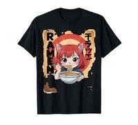 Divertido Ramen Anime Gato Chica Comiendo Fideos Retro Camiseta
