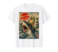 Divertido Rana Montando tiburón Retro Surf Vintage Estilo japonés Camiseta gráfica económica, Hombre, Blanco, XL