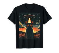 Divertido Retro Gato Negro OVNI Alien Sci-Fi Espacio Camiseta
