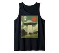 Divertido Retro Vintage Japonés Vaca Abducción Alien Nave Espacial Camiseta sin Mangas