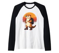 Divertido Senderismo Río Nutria Cottagecore Retro Atardecer Camiseta Manga Raglan