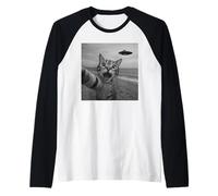 Divertido Sorprendido Gato Asustado Selfie Alien OVNI Extraterrestre Camiseta Manga Raglan