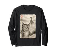 Divertido Sorprendido Gato Asustado Tomando Selfie Loch Ness Sumi-e Manga Larga