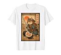 Divertido Sushi Samurai Cat Dojo Puesta de Sol Ukiyo-e Manga Kanji Art Camiseta gráfica económica, Hombre, Blanco, XL