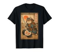 Divertido Sushi Samurai Cat Dojo Puesta de Sol Ukiyo-e Manga Kanji Art Camiseta gráfica económica, Hombre, Negro, L