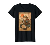 Divertido Sushi Samurai Cat Dojo Puesta de Sol Ukiyo-e Manga Kanji Art Camiseta gráfica económica, Mujer, Negro, L