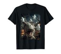 Divertido T-Rex Selfie Fantasmas Bosque Encantado Dinosaurio Halloween Camiseta