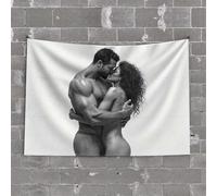 Divertido tapiz apasionado abrazo en blanco y negro, decoración de pared para dormitorio, encima de la cama, divertida decoración de patio (100 x 150 cm)