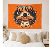 Divertido tapiz negro con cita de Halloween con diseño de gato, 152 x 101 | Tema espacial fantástico, tapiz para colgar en la pared, motivos de dulces y golosinas, decoración de pared con cita
