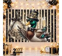 Divertido telón de fondo de celebración de pato de Año Nuevo | Sombrero superior, fondo de fotos, copa de champán, bola de discoteca, patrón de rayas, celebración