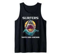 Divertido tiburón diciendo que los surfistas saben a pollo depredador del océano Camiseta sin Mangas