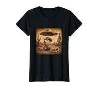 Divertido Vaquero Dragón Barbudo Desierto Misterioso Encuentro OVNI Camiseta gráfica económica, Mujer, Negro, S
