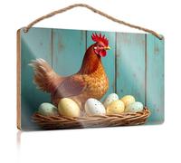 Divertidos accesorios de baño con texto en inglés "A Chicken Sits On A Nest Of Colorful Eggs" - Letrero de madera para decoración de pared para hombre (23 x 35 cm)