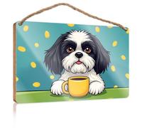 Divertidos accesorios de baño con texto en inglés "A Cute Dog Holding A Cup Of Coffee with Coins Falling Around Wooded", letreros divertidos para la casa, decoración del hogar (20 x 30 cm)