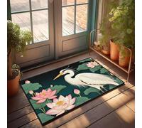 Divertidos felpudos para entrada exterior, una garza blanca se encuentra entre flores de loto rosa, felpudo fresco para el hogar (65 x 90 cm)