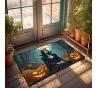 Divertidos felpudos para entrada exterior, una mujer con un vestido negro con una corona se sienta entre calabazas talladas, felpudo fresco para el hogar (50 x 80 cm)