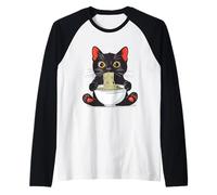 Divertidos fideos ramen gato comiendo anime kawaii japonés retro Camiseta Manga Raglan