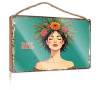Divertidos letreros de habitación con diseño de cabeza de bot: ilustración de corona floral, letrero de madera para decoración divertida para el hogar al aire libre