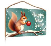 Divertidos letreros de habitación con texto en inglés "A Squirrel Holding A Red Ornamento con texto en inglés "Happy New Year" escrito en él, decoración divertida para el hogar y exteriores