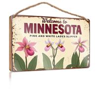 Divertidos letreros de habitación con texto en inglés "Welcome To Minnesota, Home of the Pink And White Lady'S Slipper" Wooded Sign Funny Decor for Home Outside Fall Decor