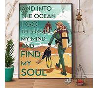 Divertidos letreros de metal para patio, con texto en inglés "Diving and Into The Ocean I Go to Find My Soul Retro Tin Sign Chic Art Wall Metal Decoration" Funny Iron Plaque Signs Gift for Living Room