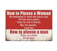 Divertidos letreros de metal vintage con texto en inglés "How To Please A Woman & A Man", letrero retro de pub, 8 x 12 pulgadas, arte de pared humorístico para cueva de hombre, bar, garaje y