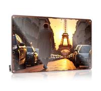 Divertidos letreros de oficina con texto en inglés "Man in Long Coat Walking Towards the Eiffel Tower at Sunset", letrero de estaño divertido para cochera, bar, decoración de metal (30 x 40 cm)
