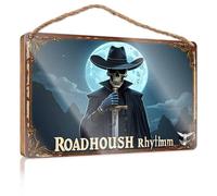 Divertidos letreros de pared con texto en inglés "Roadhouse Rhythm: The Western Ghost Rider Wooded", letrero de bienvenida para porche delantero, divertido baño (20 x 30 cm)