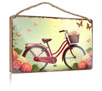 Divertidos letreros para colgar en la puerta, diseño vintage de bicicleta roja con cesta de flores entre mariposas y Blo Wooded, letrero colgante para porche, decoración de caravana (20 x 30 cm)